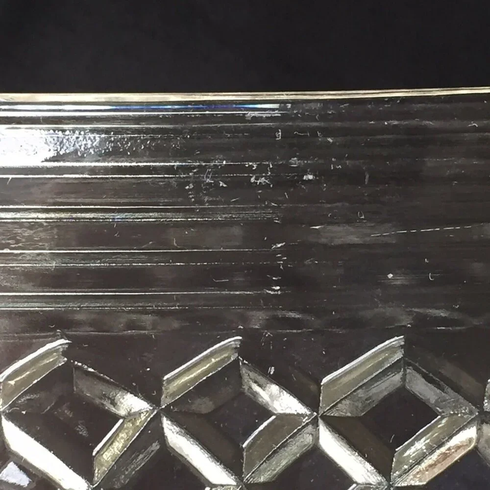 Vintage Clear Cut Glass Square Serving Bowl Dish Geometric Diamonds Retro Ornate